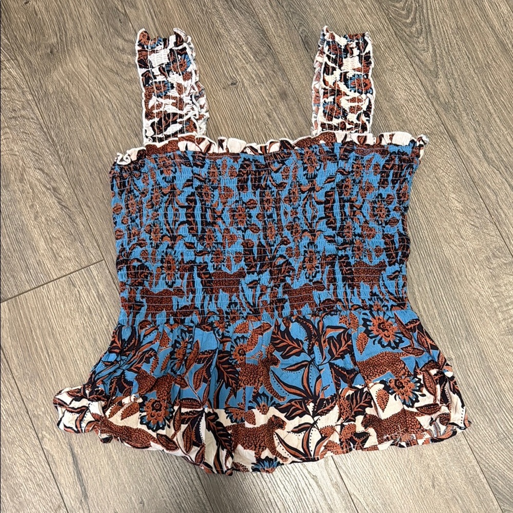Miami Smocked Ruffled Tank Top Brown and Blue